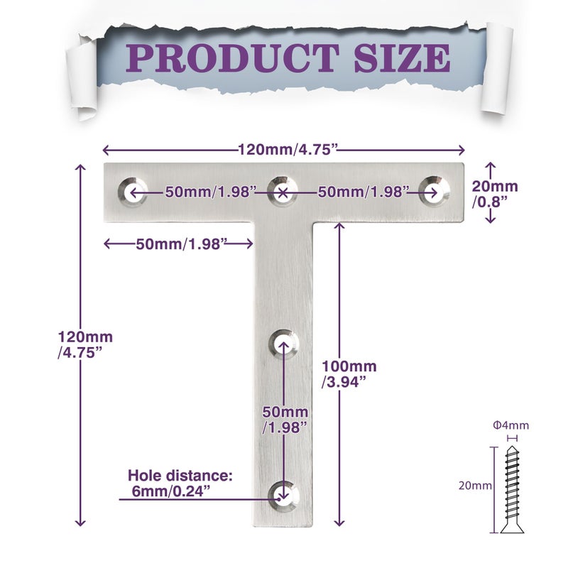 Alise T Flat Brackets,Corner Bracket Corner Brace Mending Plate Repair 120mm x 120mm Stainless Steel Flat Braces for Wood Tables, Chairs, Sofas, Beds, Cabinets, Doors and Windows,Brushed,Pack of 8 - Image 1
